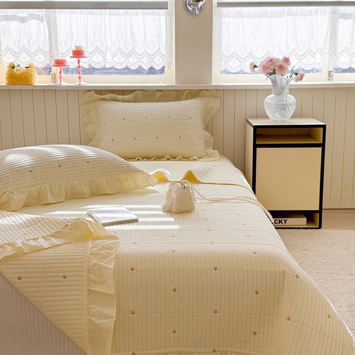 91家纺网 家纺一手货源 找家纺 诗黛尔 2026春夏新款星空间双面60支水洗全棉床盖三件套/四件套 星空间-浅黄