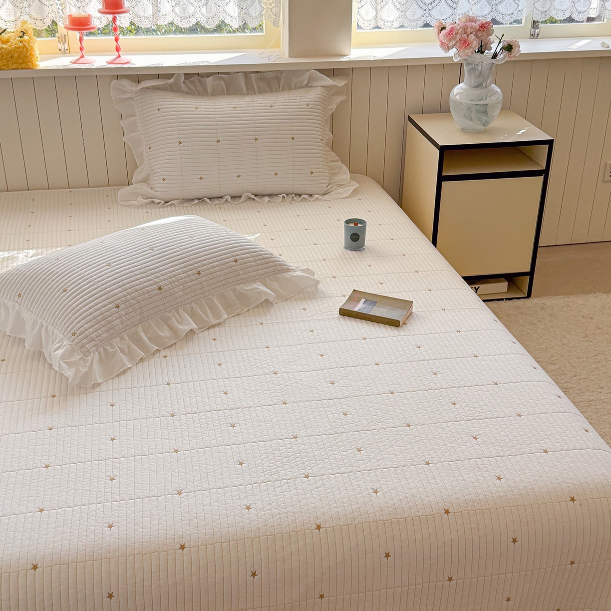 91家纺网 家纺一手货源 找家纺 诗黛尔 2026春夏新款星空间双面60支水洗全棉床盖三件套/四件套 星空间-暖白