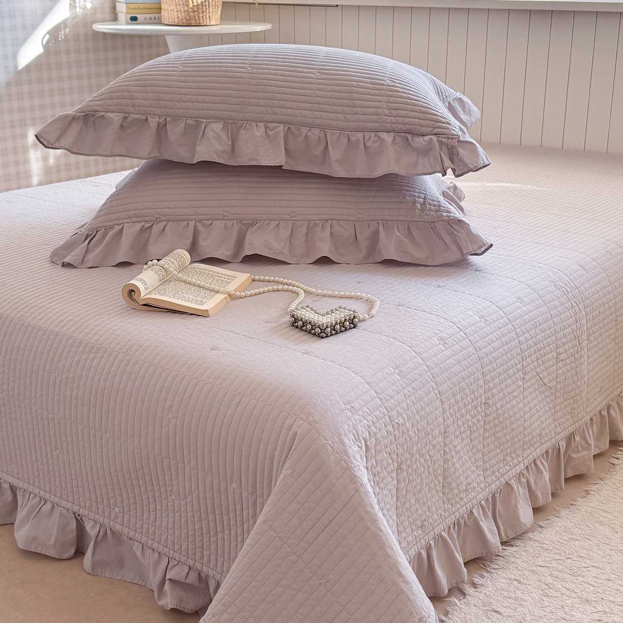 91家纺网 家纺一手货源 找家纺 诗黛尔 2026春夏新款星空间双面60支水洗全棉床盖三件套/四件套 星空间-浅紫