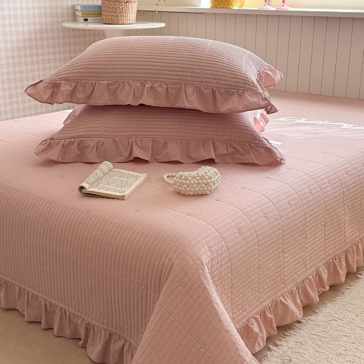 91家纺网 家纺一手货源 找家纺 诗黛尔 2026春夏新款星空间双面60支水洗全棉床盖三件套/四件套 星空间-樱粉