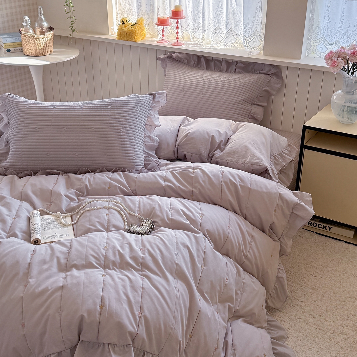 91家纺网 家纺一手货源 找家纺 诗黛尔 2026春夏新款星空间双面60支水洗全棉床盖三件套/四件套 星空间-浅紫