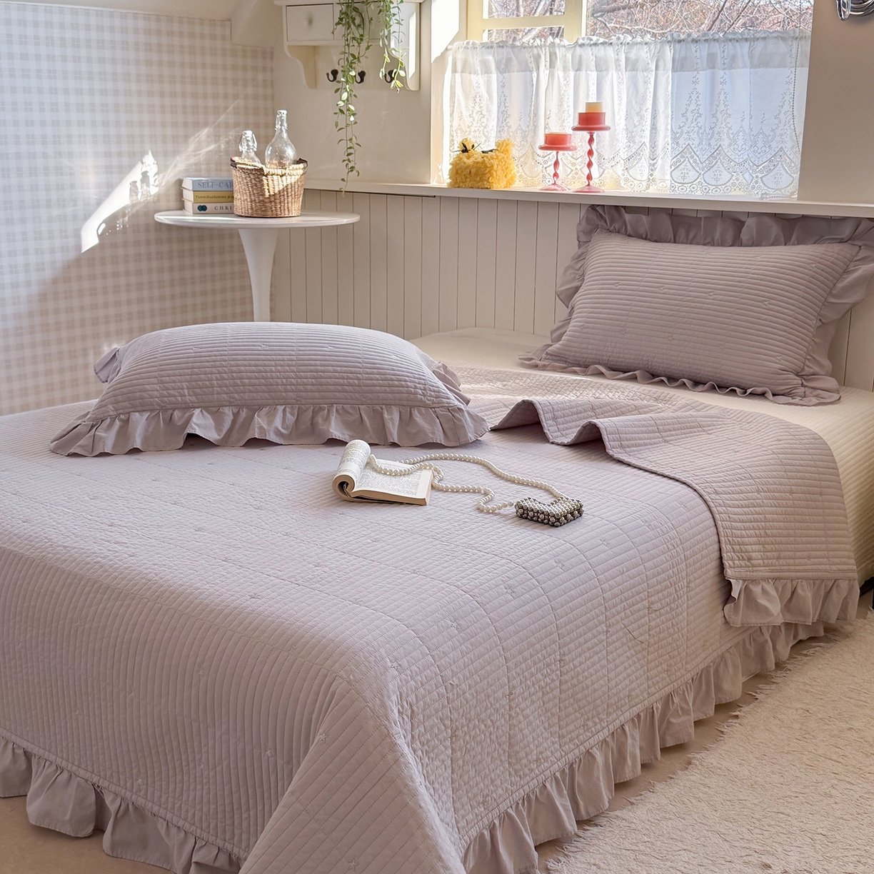 91家纺网 家纺一手货源 找家纺 诗黛尔 2026春夏新款星空间双面60支水洗全棉床盖三件套/四件套 星空间-浅紫