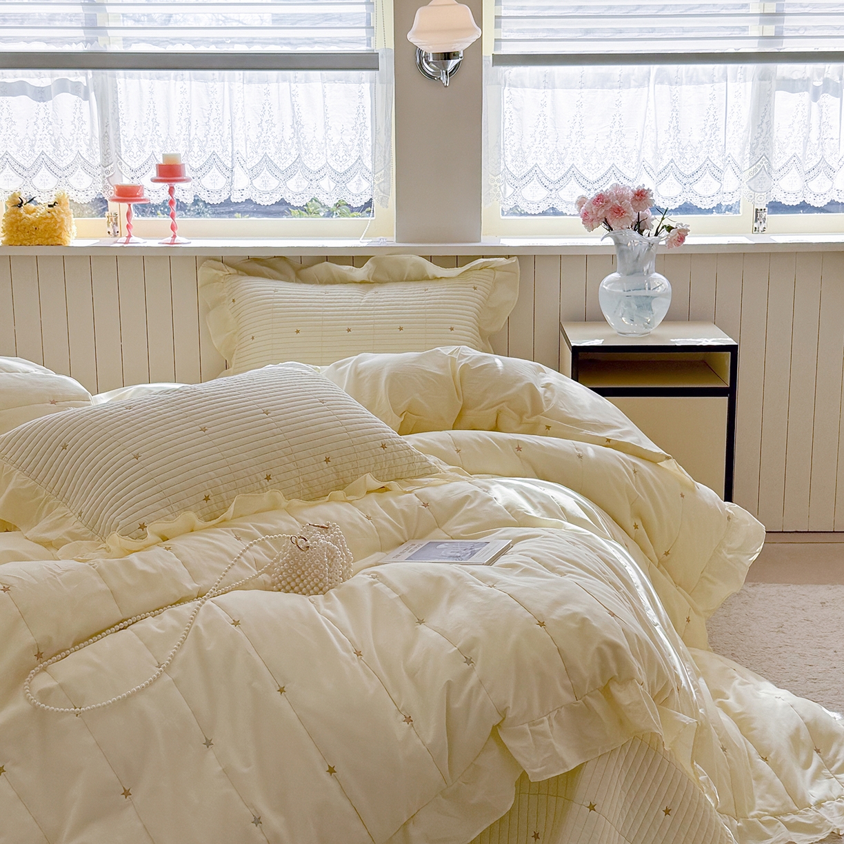 诗黛尔 2026春夏新款星空间双面60支水洗全棉床盖三件套/四件套 星空间-浅黄
