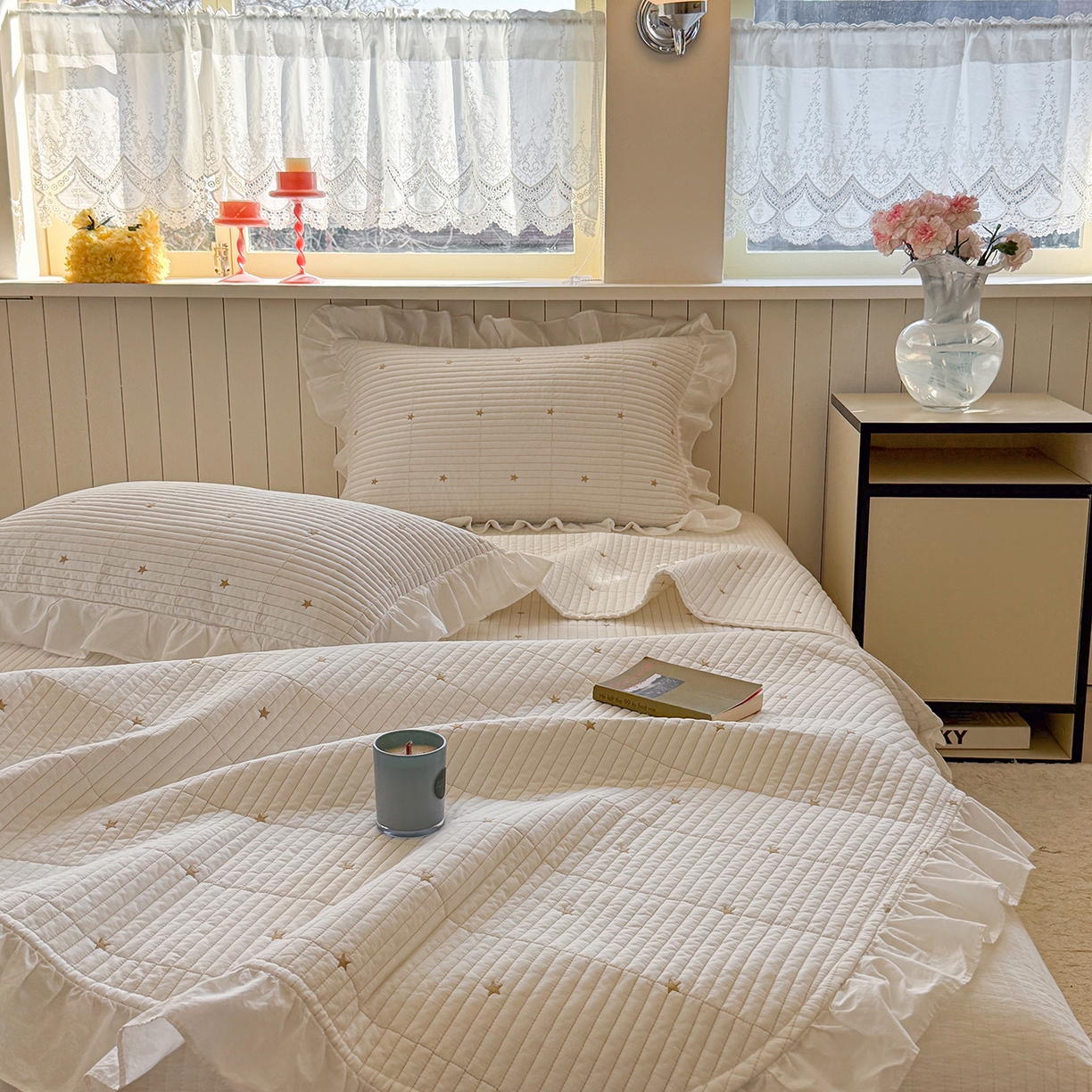 91家纺网 家纺一手货源 找家纺 诗黛尔 2026春夏新款星空间双面60支水洗全棉床盖三件套/四件套 星空间-暖白