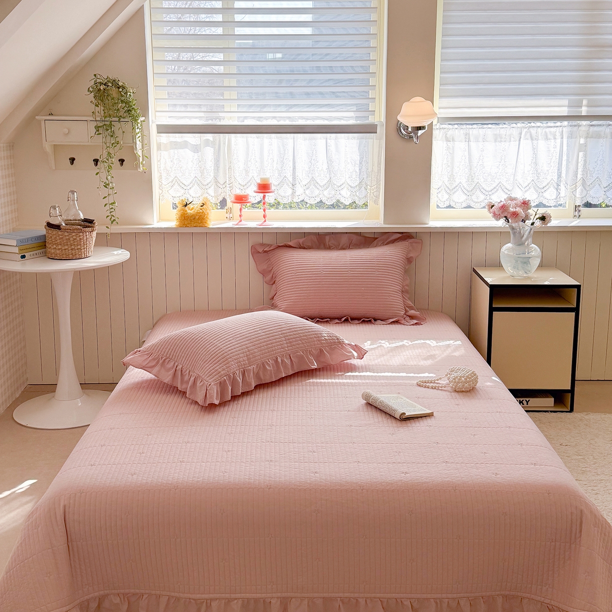 91家纺网 家纺一手货源 找家纺 诗黛尔 2026春夏新款星空间双面60支水洗全棉床盖三件套/四件套 星空间-樱粉