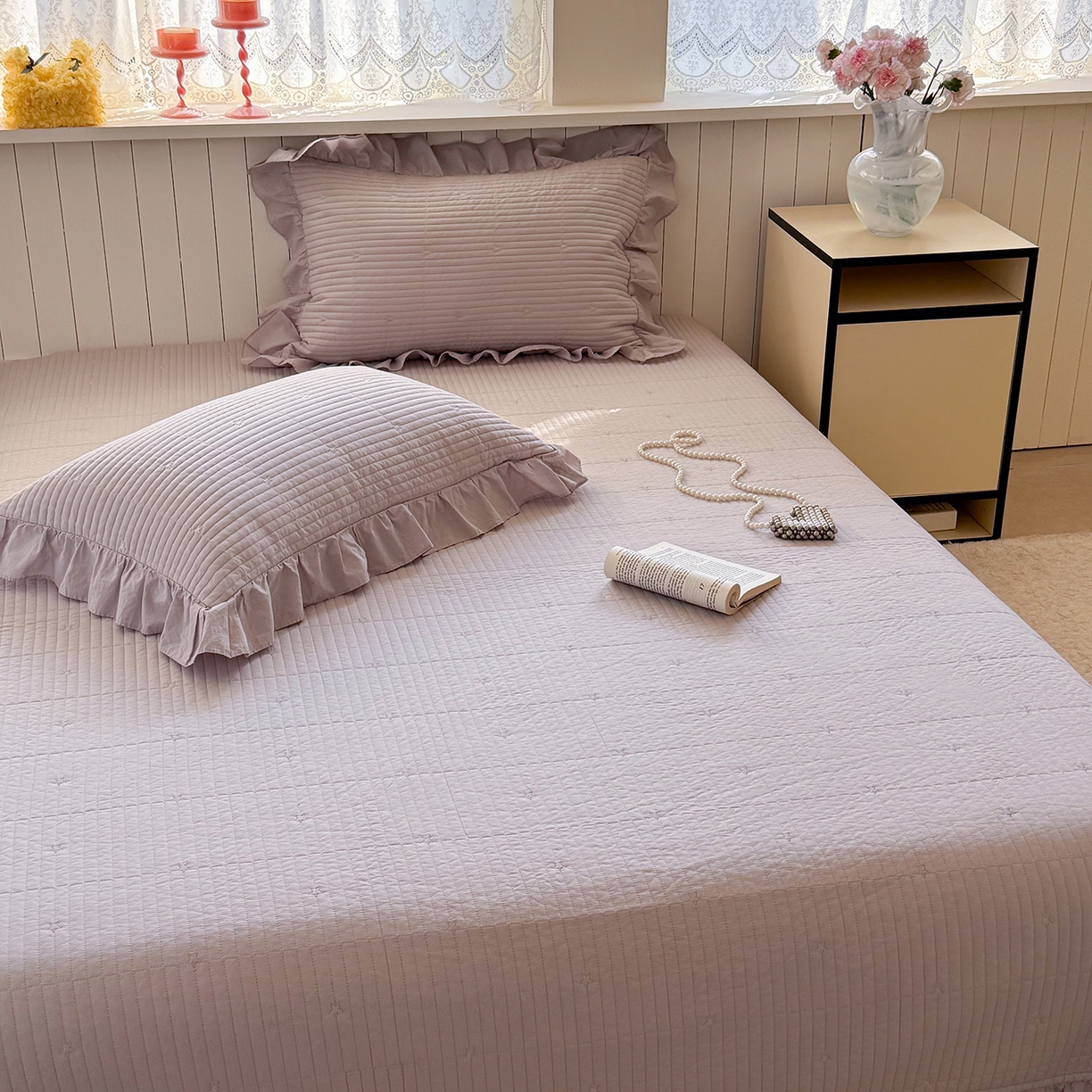 91家纺网 家纺一手货源 找家纺 诗黛尔 2026春夏新款星空间双面60支水洗全棉床盖三件套/四件套 星空间-浅紫