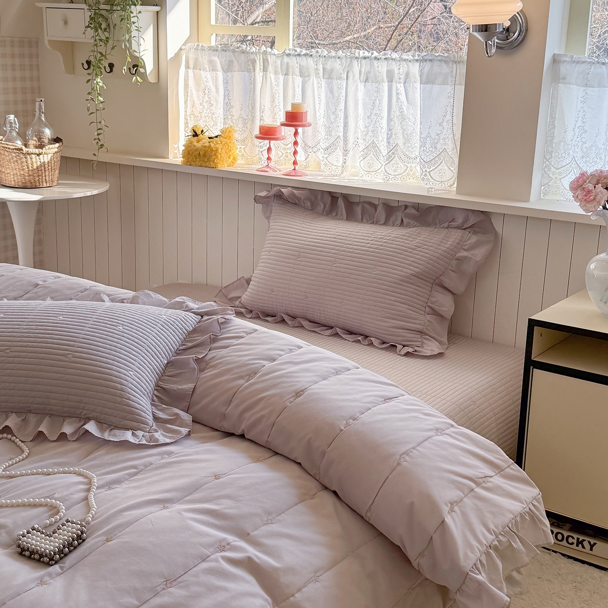 91家纺网 家纺一手货源 找家纺 诗黛尔 2026春夏新款星空间双面60支水洗全棉床盖三件套/四件套 星空间-浅紫