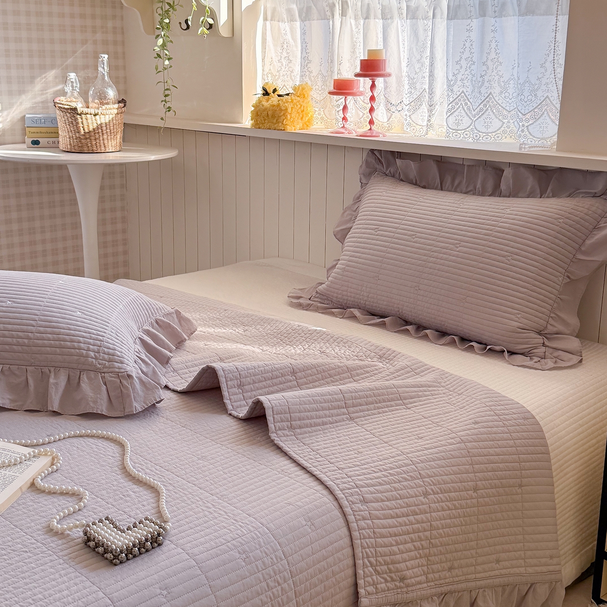 91家纺网 家纺一手货源 找家纺 诗黛尔 2026春夏新款星空间双面60支水洗全棉床盖三件套/四件套 星空间-浅紫