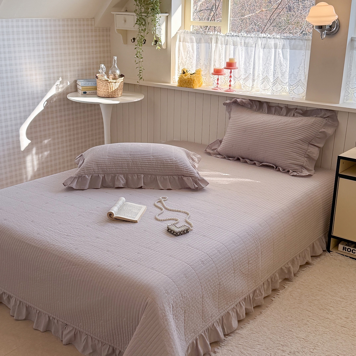 91家纺网 家纺一手货源 找家纺 诗黛尔 2026春夏新款星空间双面60支水洗全棉床盖三件套/四件套 星空间-浅紫