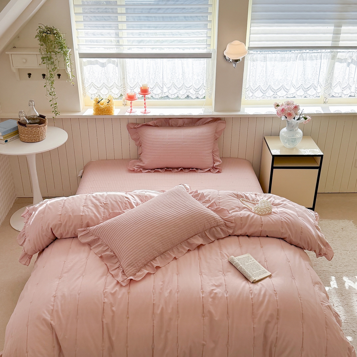 91家纺网 家纺一手货源 找家纺 诗黛尔 2026春夏新款星空间双面60支水洗全棉床盖三件套/四件套 星空间-樱粉