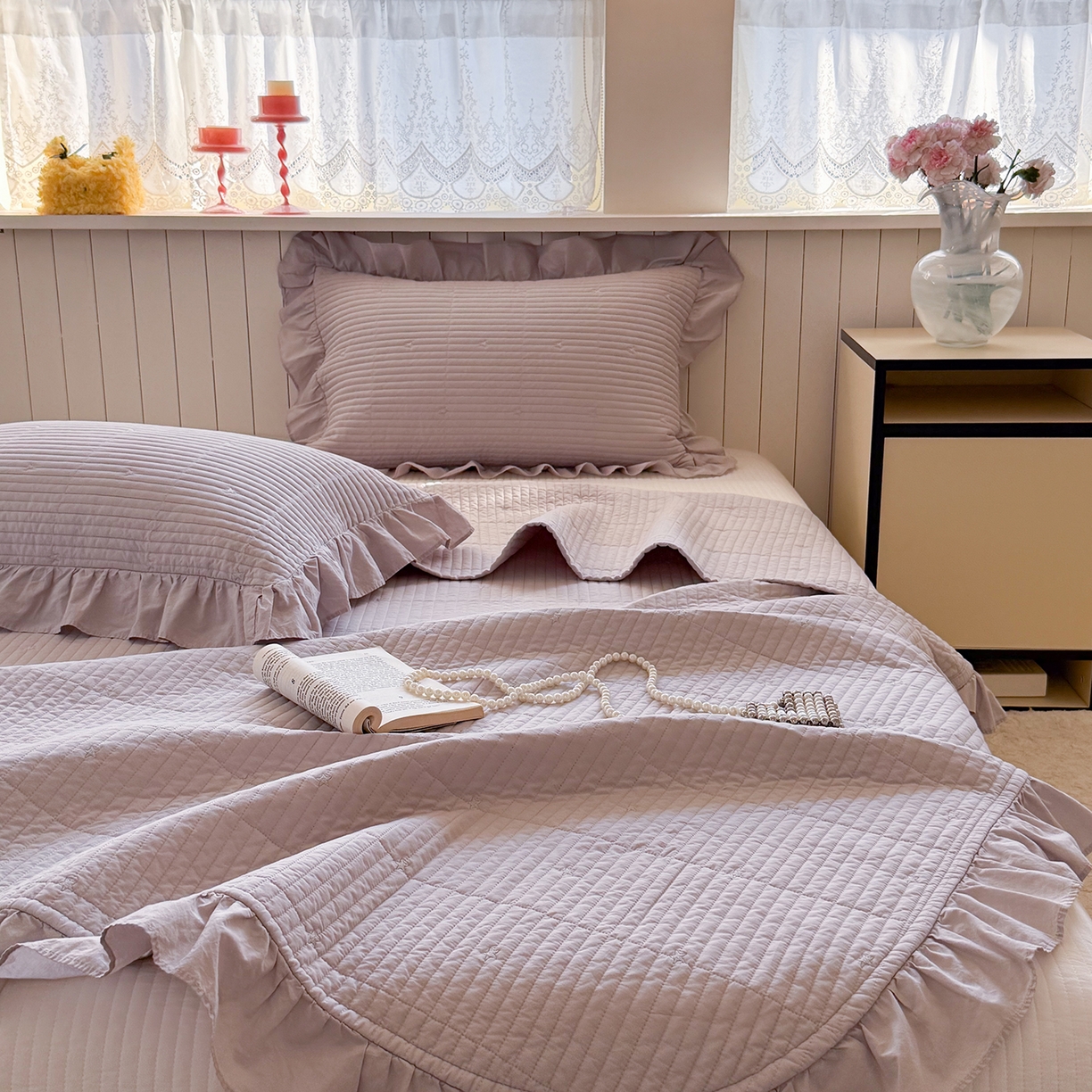 91家纺网 家纺一手货源 找家纺 诗黛尔 2026春夏新款星空间双面60支水洗全棉床盖三件套/四件套 星空间-浅紫