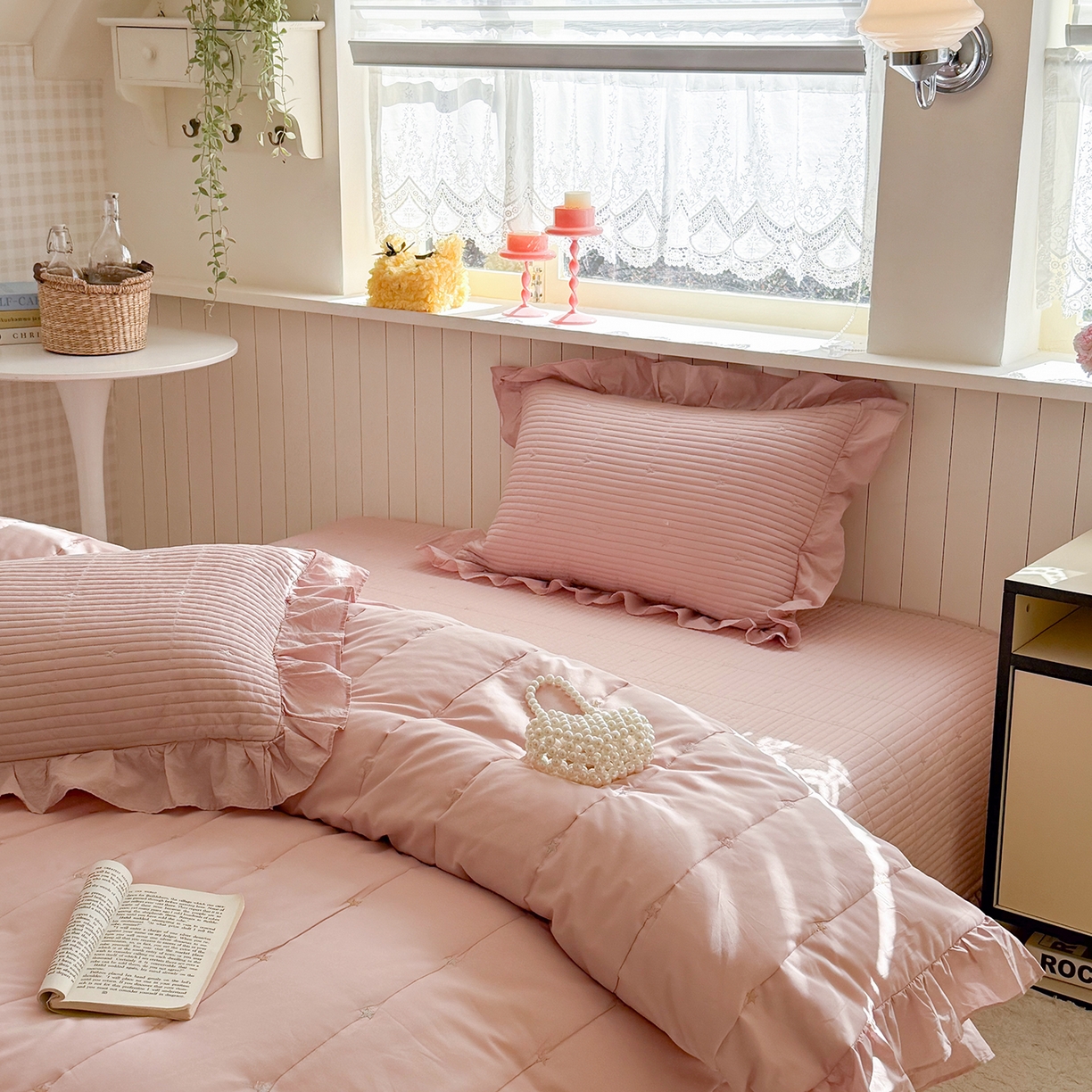 91家纺网 家纺一手货源 找家纺 诗黛尔 2026春夏新款星空间双面60支水洗全棉床盖三件套/四件套 星空间-樱粉