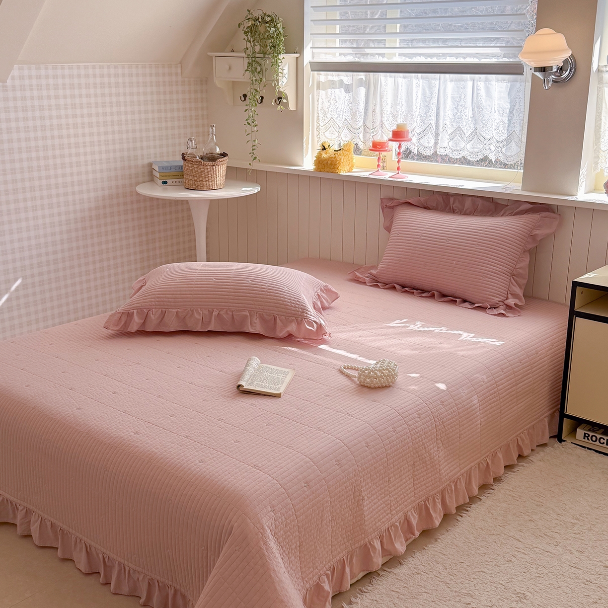 91家纺网 家纺一手货源 找家纺 诗黛尔 2026春夏新款星空间双面60支水洗全棉床盖三件套/四件套 星空间-樱粉