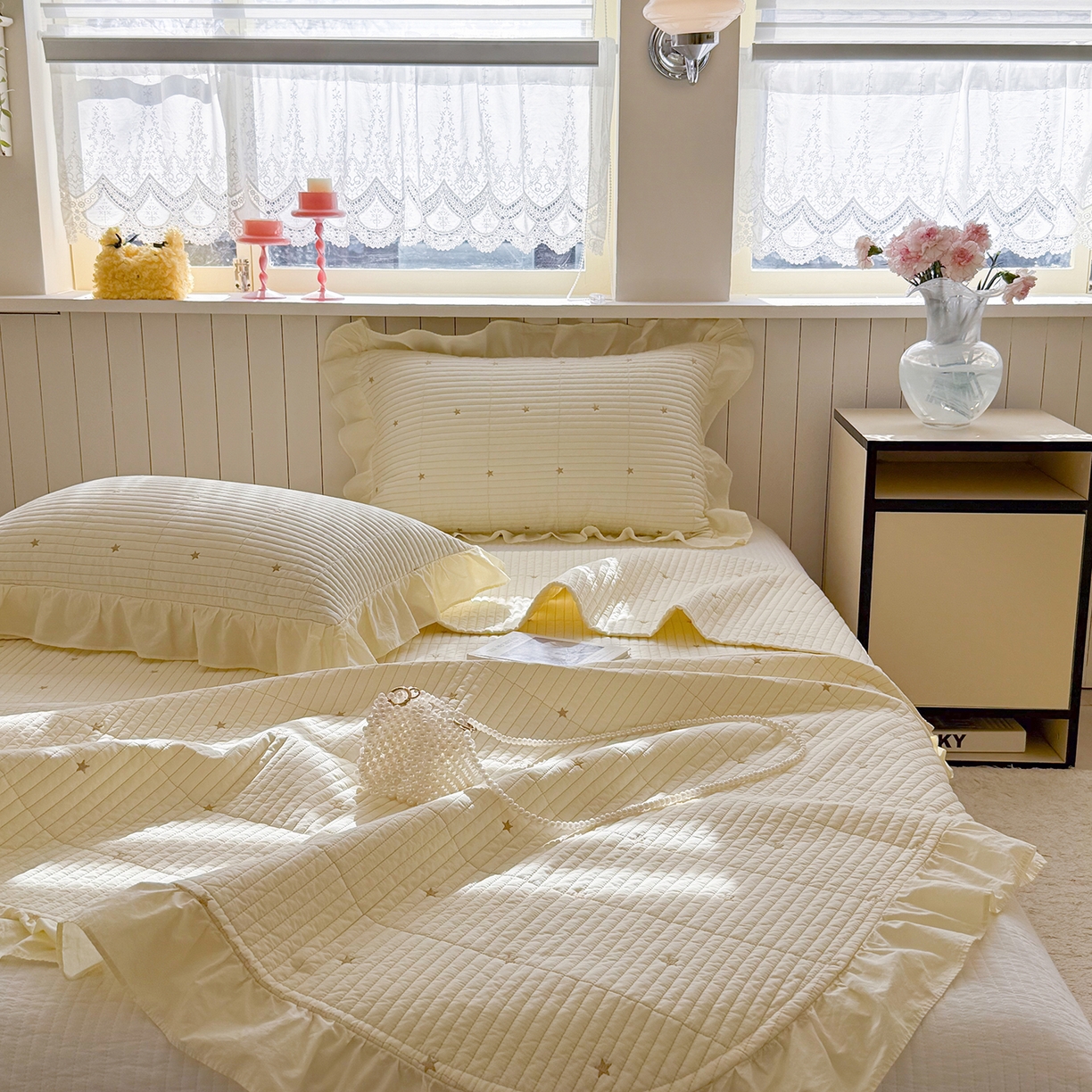 91家纺网 家纺一手货源 找家纺 诗黛尔 2026春夏新款星空间双面60支水洗全棉床盖三件套/四件套 星空间-浅黄
