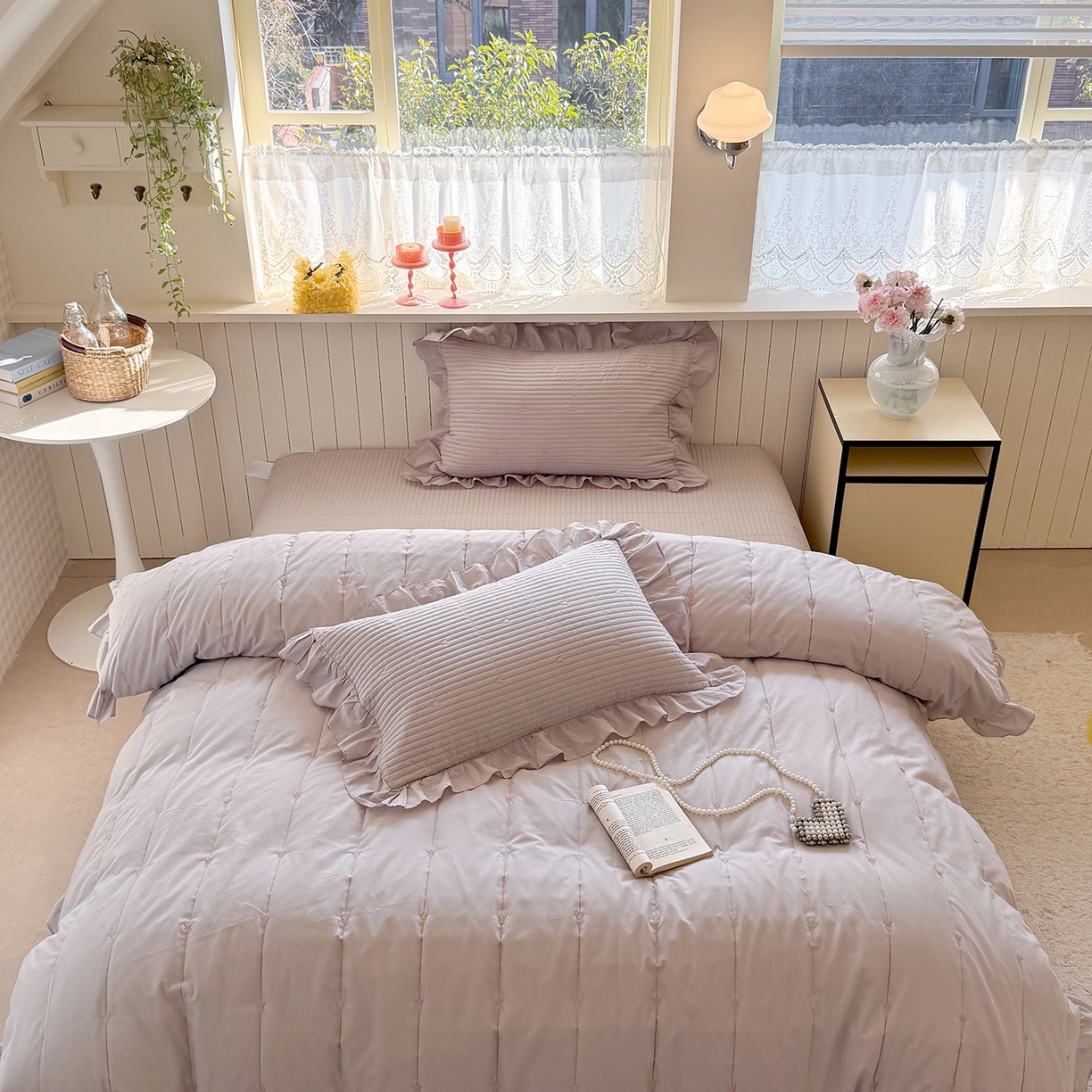 91家纺网 家纺一手货源 找家纺 诗黛尔 2026春夏新款星空间双面60支水洗全棉床盖三件套/四件套 星空间-浅紫