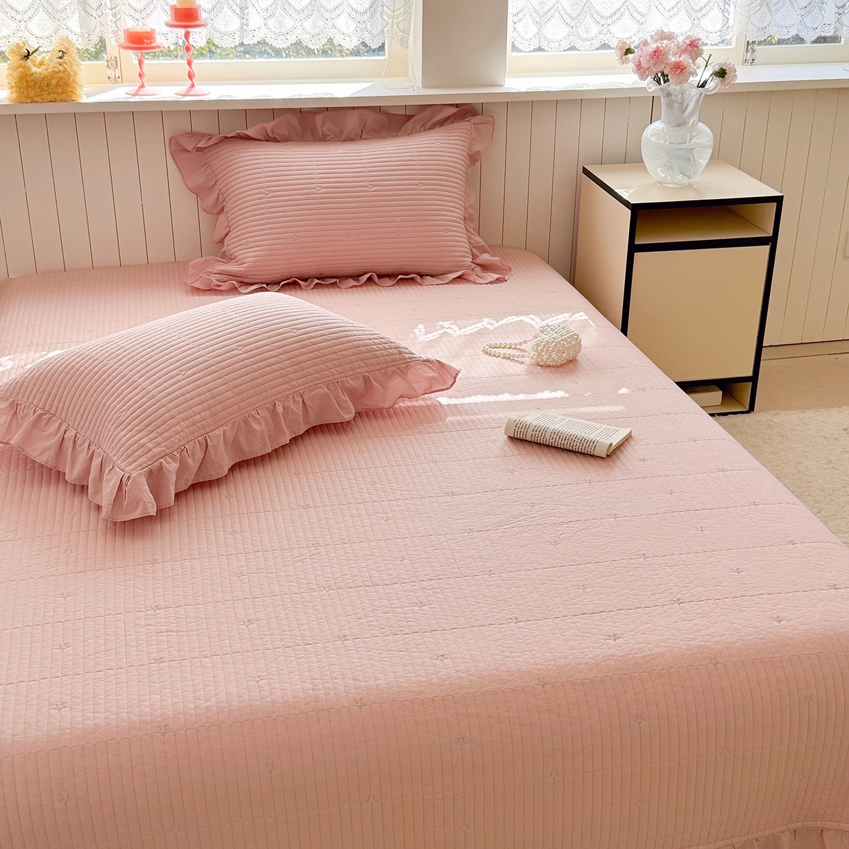 91家纺网 家纺一手货源 找家纺 诗黛尔 2026春夏新款星空间双面60支水洗全棉床盖三件套/四件套 星空间-樱粉