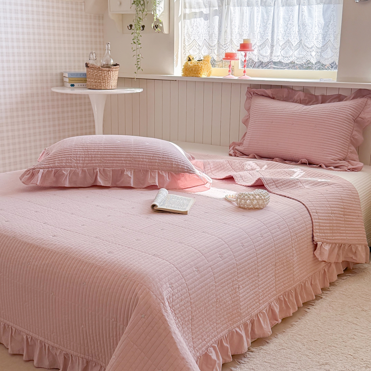 91家纺网 家纺一手货源 找家纺 诗黛尔 2026春夏新款星空间双面60支水洗全棉床盖三件套/四件套 星空间-樱粉