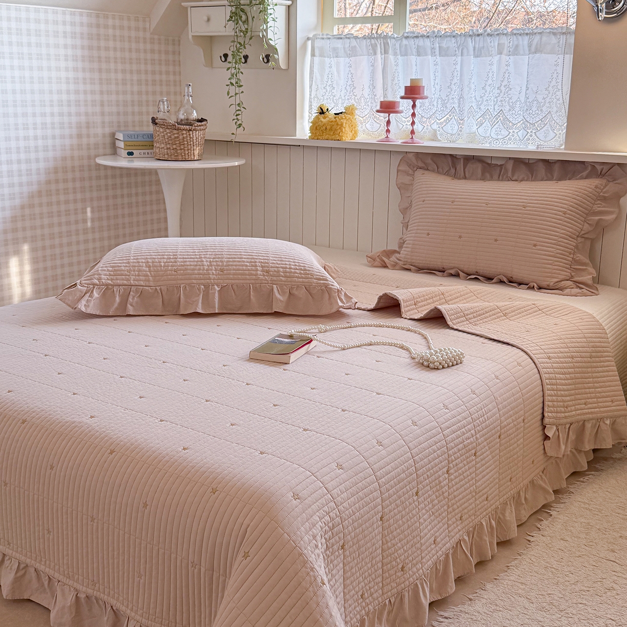 91家纺网 家纺一手货源 找家纺 诗黛尔 2026春夏新款星空间双面60支水洗全棉床盖三件套/四件套 星空间-浅咖