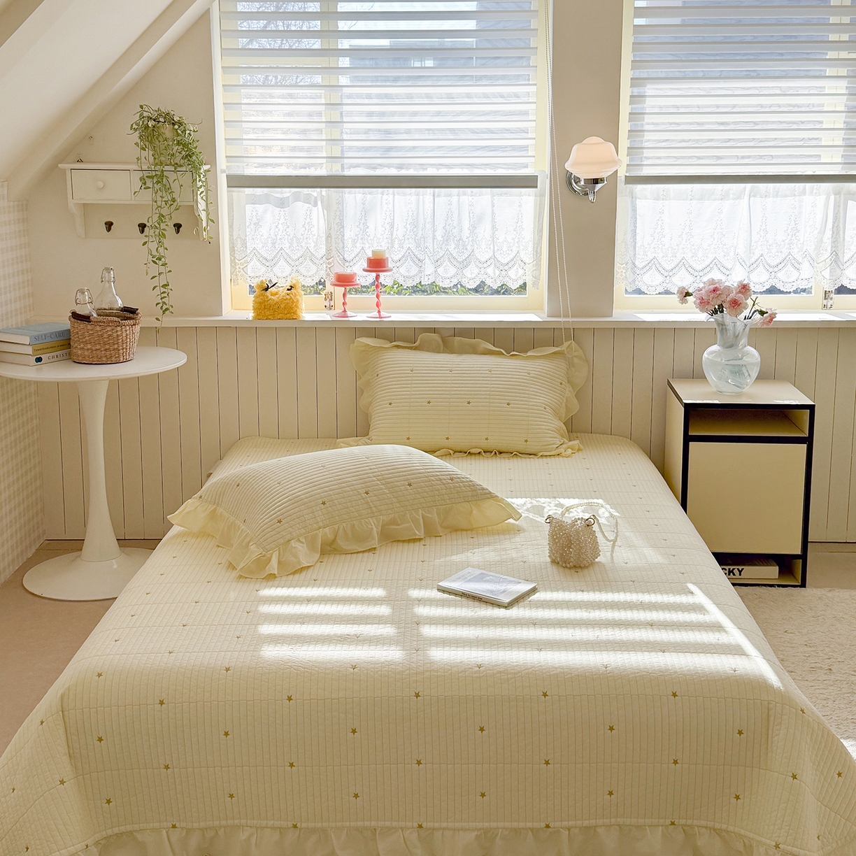 91家纺网 家纺一手货源 找家纺 诗黛尔 2026春夏新款星空间双面60支水洗全棉床盖三件套/四件套 星空间-浅黄