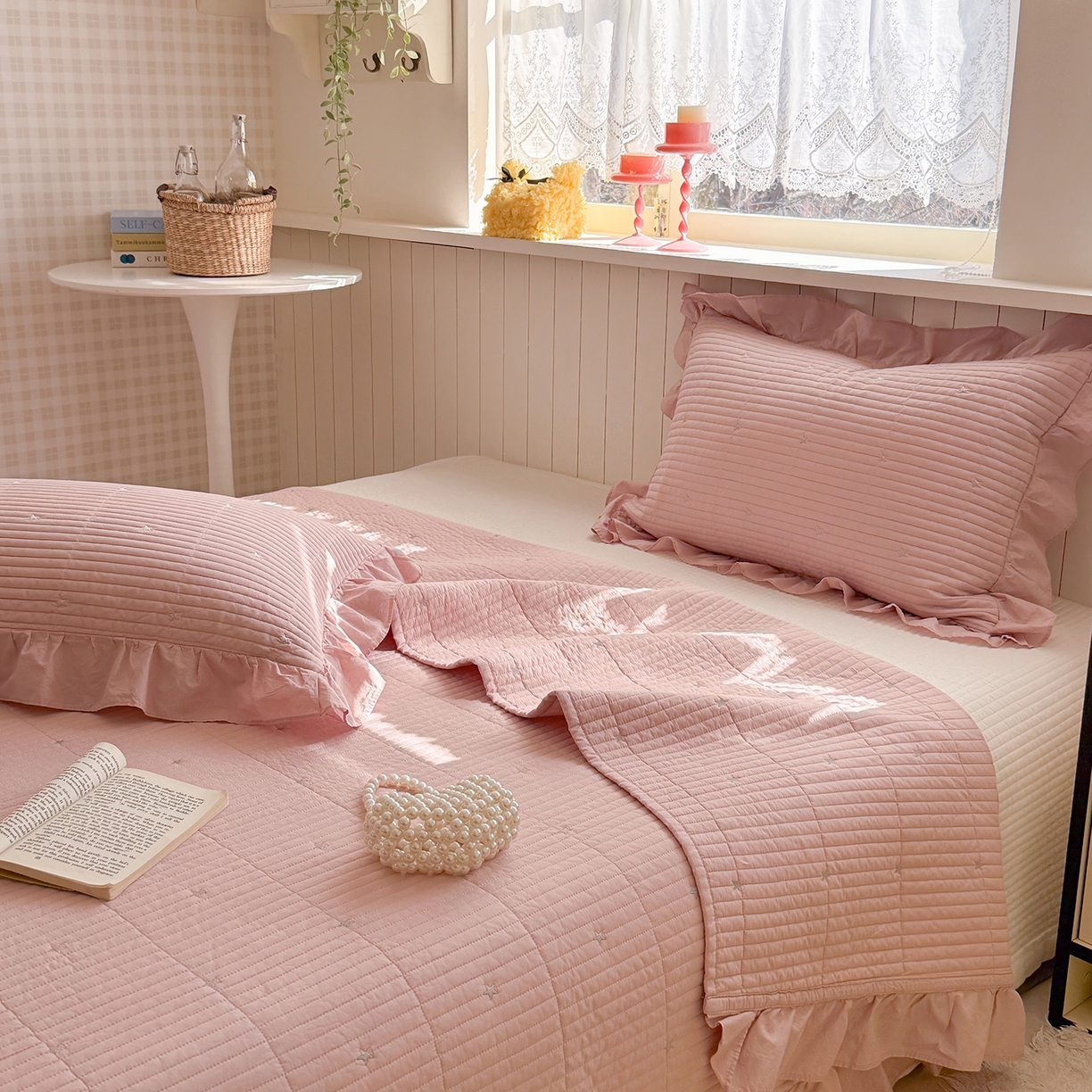 91家纺网 家纺一手货源 找家纺 诗黛尔 2026春夏新款星空间双面60支水洗全棉床盖三件套/四件套 星空间-樱粉