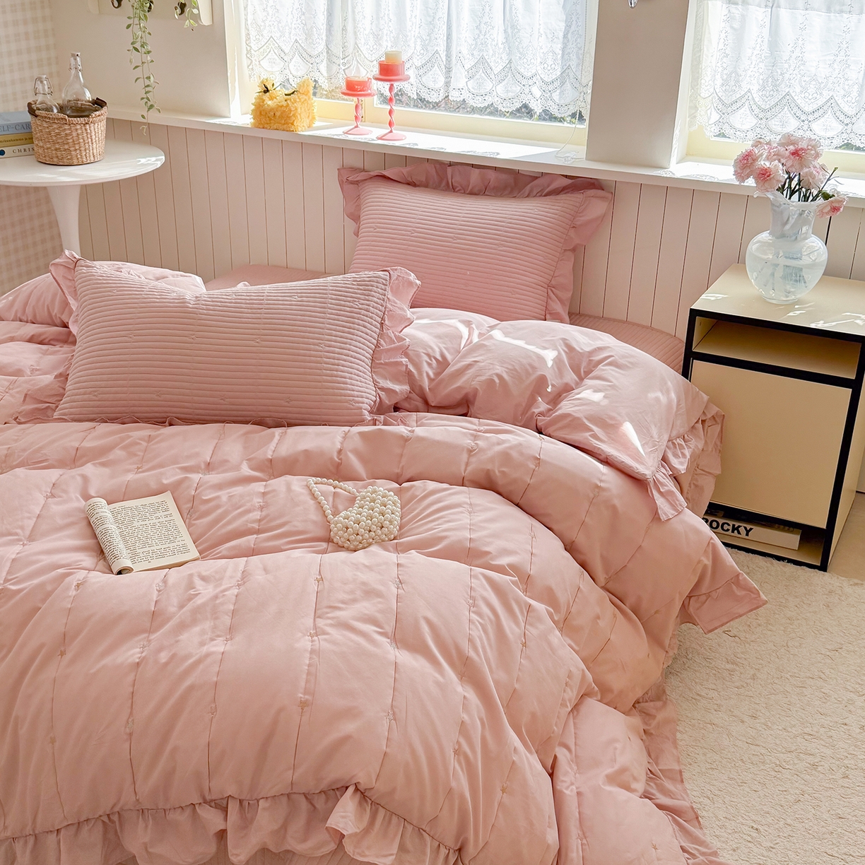 91家纺网 家纺一手货源 找家纺 诗黛尔 2026春夏新款星空间双面60支水洗全棉床盖三件套/四件套 星空间-樱粉