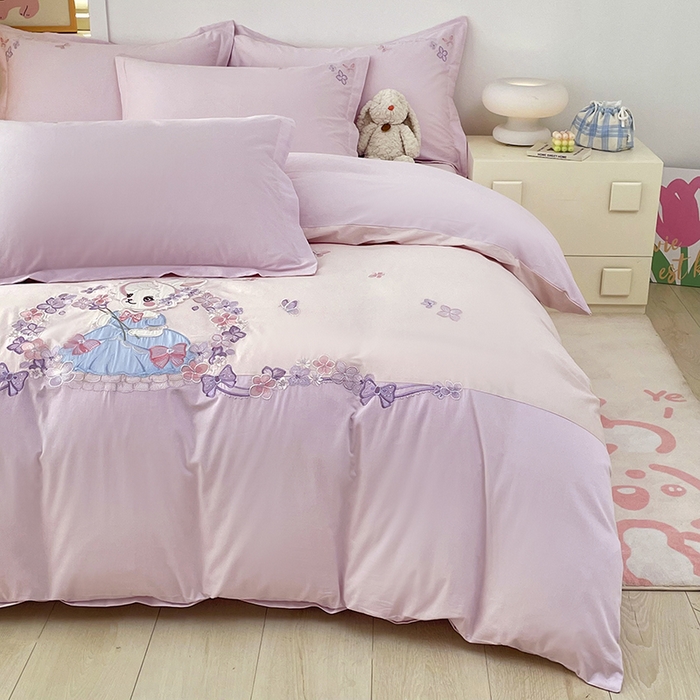 91家纺网 家纺一手货源 找家纺 金绣美居 2026新款全棉纯棉大版贴布绣四件套-兔游花园 兔游花园-紫