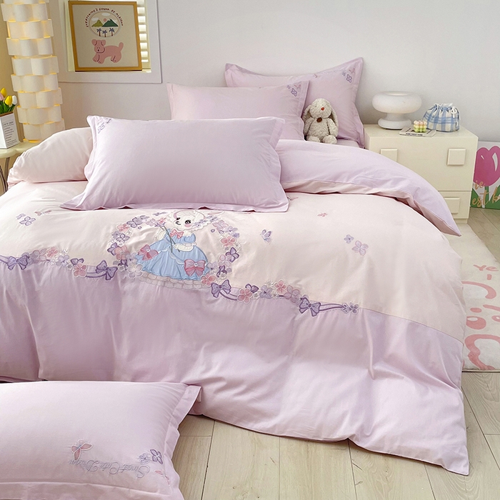 91家纺网 家纺一手货源 找家纺 金绣美居 2026新款全棉纯棉大版贴布绣四件套-兔游花园 兔游花园-紫