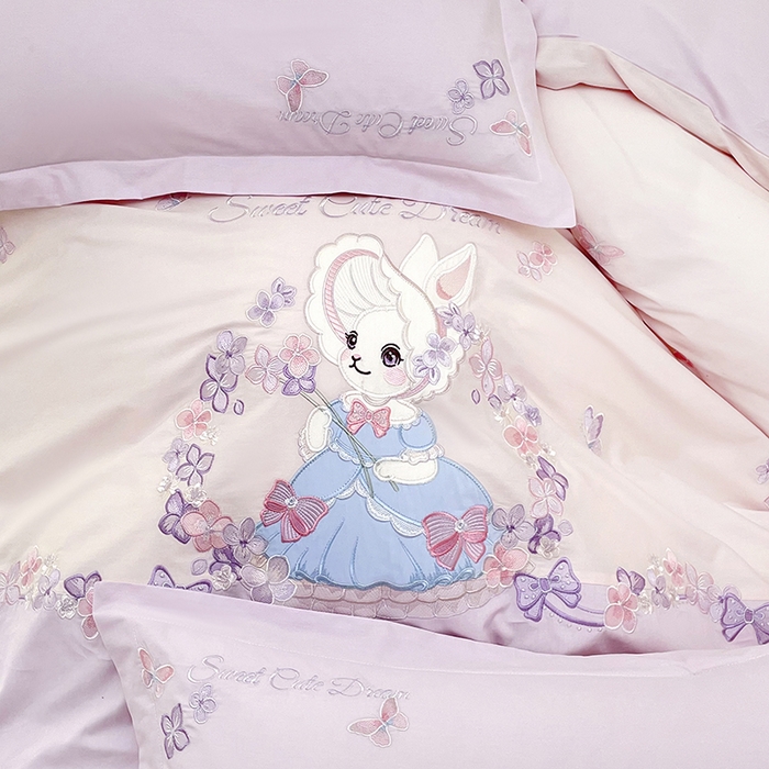 91家纺网 家纺一手货源 找家纺 金绣美居 2026新款全棉纯棉大版贴布绣四件套-兔游花园 兔游花园-紫