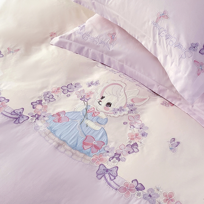 91家纺网 家纺一手货源 找家纺 金绣美居 2026新款全棉纯棉大版贴布绣四件套-兔游花园 兔游花园-紫