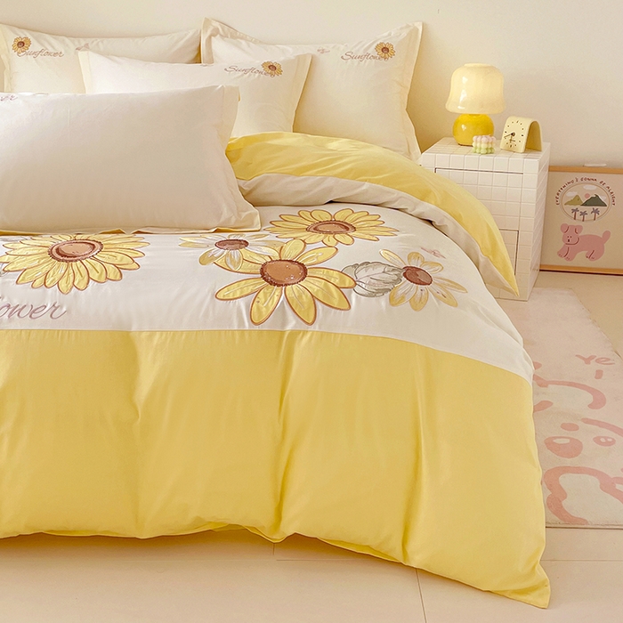 91家纺网 家纺一手货源 找家纺 （总）金绣美居 2026新款全棉纯棉大版贴布绣四件套-向日葵