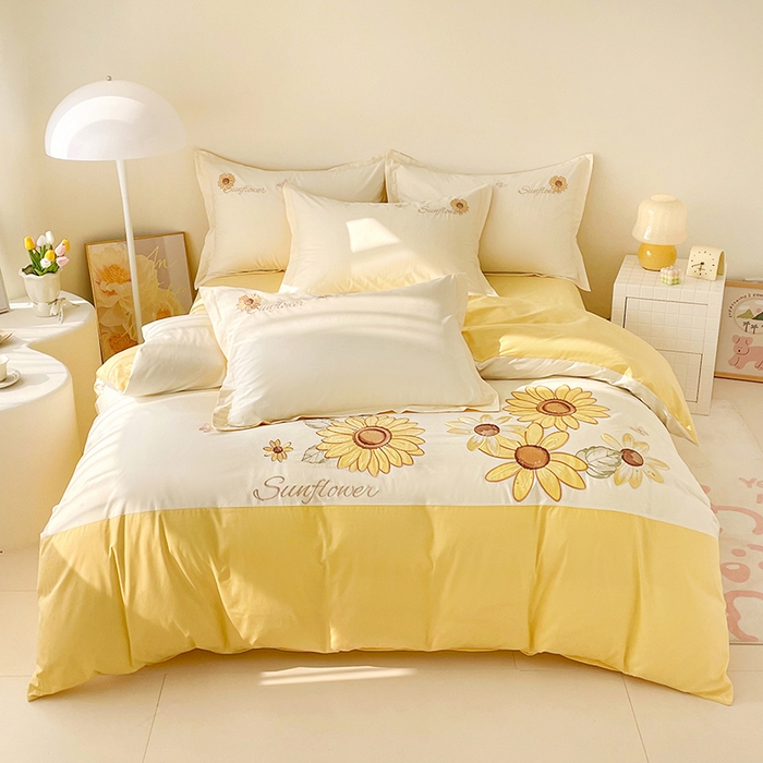 91家纺网 家纺一手货源 找家纺 （总）金绣美居 2026新款全棉纯棉大版贴布绣四件套-向日葵