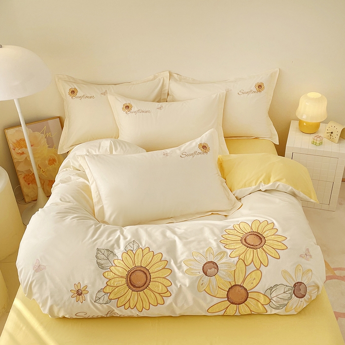 91家纺网 家纺一手货源 找家纺 （总）金绣美居 2026新款全棉纯棉大版贴布绣四件套-向日葵