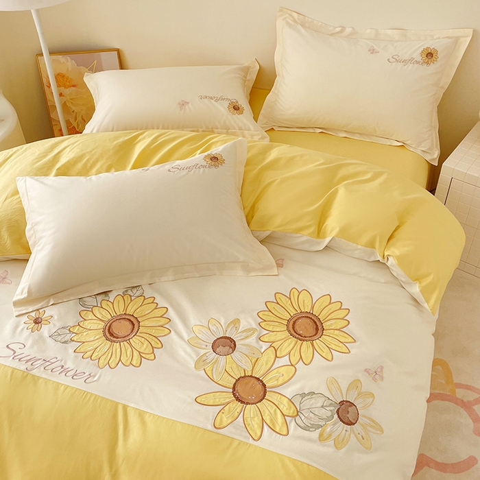 91家纺网 家纺一手货源 找家纺 （总）金绣美居 2026新款全棉纯棉大版贴布绣四件套-向日葵