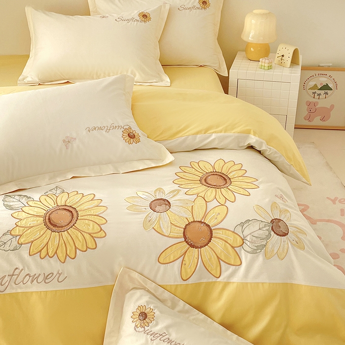 91家纺网 家纺一手货源 找家纺 （总）金绣美居 2026新款全棉纯棉大版贴布绣四件套-向日葵,向日葵-黄色