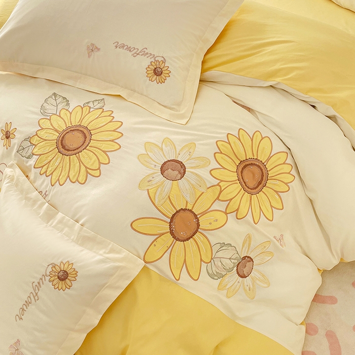 91家纺网 家纺一手货源 找家纺 （总）金绣美居 2026新款全棉纯棉大版贴布绣四件套-向日葵