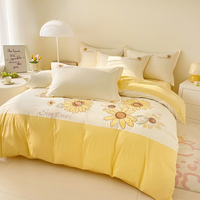 91家纺网 家纺一手货源 找家纺 （总）金绣美居 2026新款全棉纯棉大版贴布绣四件套-向日葵