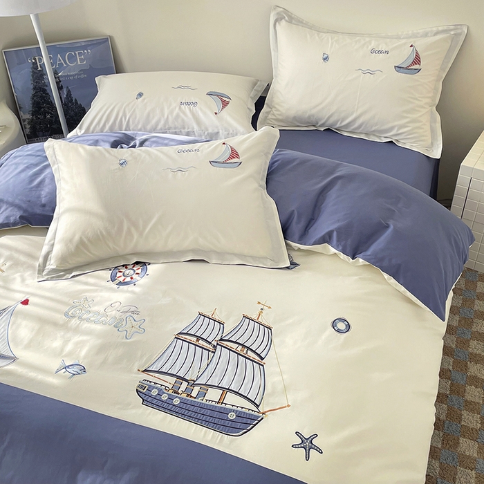 91家纺网 家纺一手货源 找家纺 （总）金绣美居 2026新款全棉纯棉大版贴布绣四件套-帆船