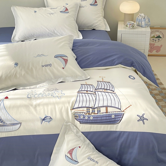 91家纺网 家纺一手货源 找家纺 （总）金绣美居 2026新款全棉纯棉大版贴布绣四件套-帆船