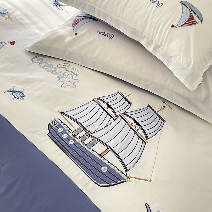 91家纺网 家纺一手货源 找家纺 （总）金绣美居 2026新款全棉纯棉大版贴布绣四件套-帆船