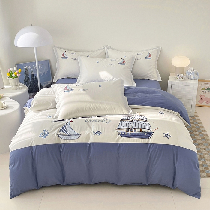 91家纺网 家纺一手货源 找家纺 （总）金绣美居 2026新款全棉纯棉大版贴布绣四件套-帆船