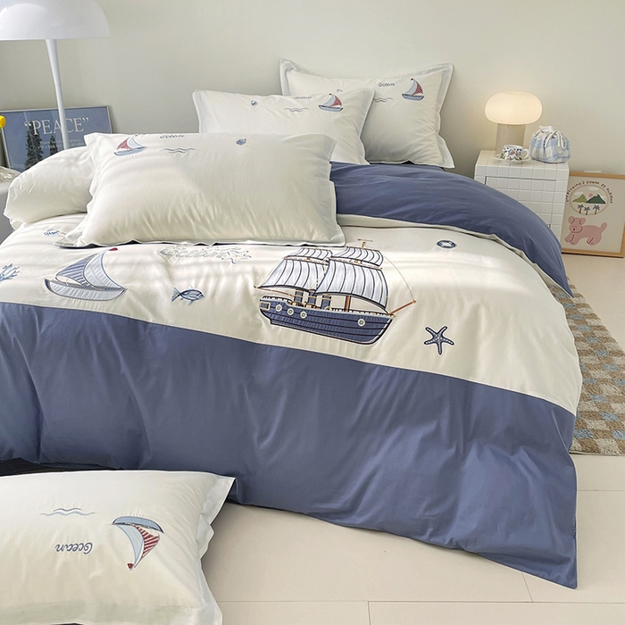 91家纺网 家纺一手货源 找家纺 （总）金绣美居 2026新款全棉纯棉大版贴布绣四件套-帆船