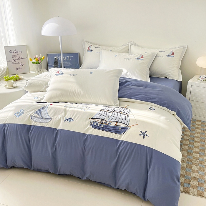 91家纺网 家纺一手货源 找家纺 （总）金绣美居 2026新款全棉纯棉大版贴布绣四件套-帆船