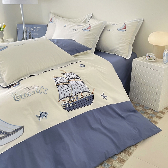 91家纺网 家纺一手货源 找家纺 （总）金绣美居 2026新款全棉纯棉大版贴布绣四件套-帆船