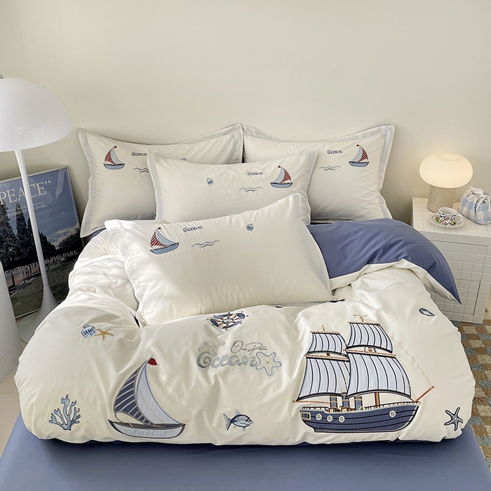 91家纺网 家纺一手货源 找家纺 （总）金绣美居 2026新款全棉纯棉大版贴布绣四件套-帆船