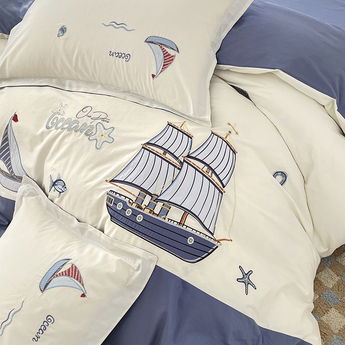 91家纺网 家纺一手货源 找家纺 （总）金绣美居 2026新款全棉纯棉大版贴布绣四件套-帆船