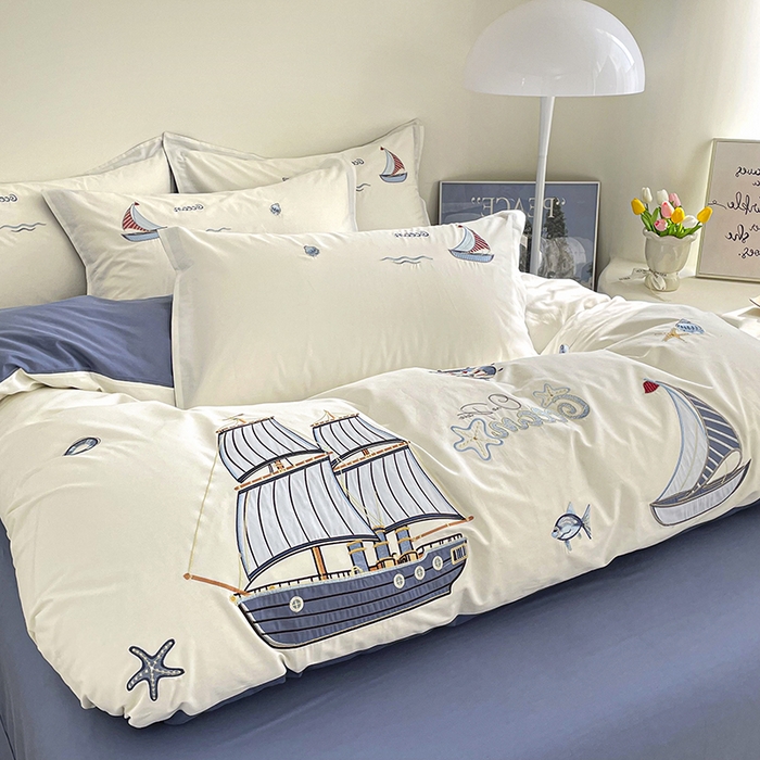 91家纺网 家纺一手货源 找家纺 （总）金绣美居 2026新款全棉纯棉大版贴布绣四件套-帆船