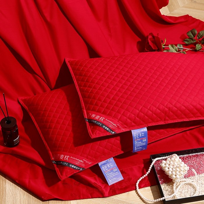 91家纺网 家纺一手货源 找家纺 （总）糖果枕芯 2026新款经典爆款全棉天然绗绣小方格大红婚庆全荞麦护颈枕保健枕头枕芯