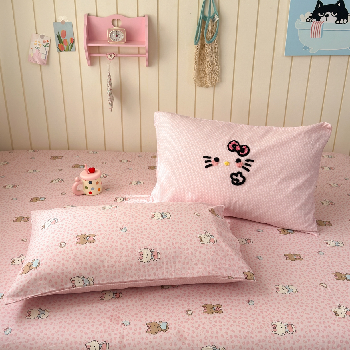 91家纺网 家纺一手货源 找家纺 乐童家纺 2026新款13370纯棉毛巾绣呆萌系列四件套第一波 豹纹KT 粉