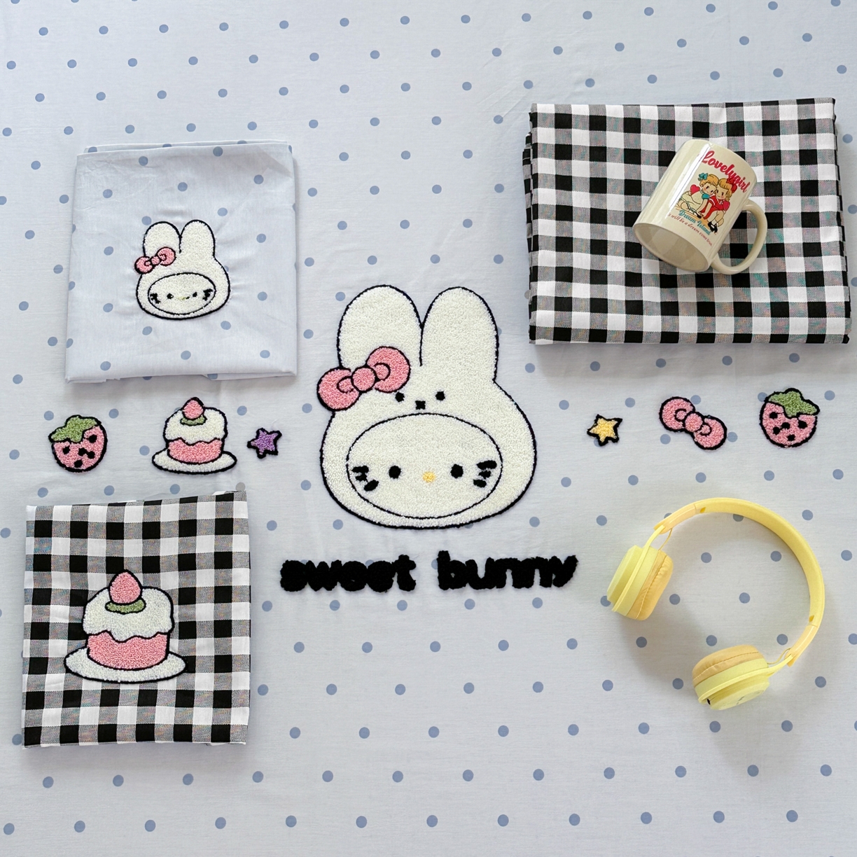 91家纺网 家纺一手货源 找家纺 乐童家纺 2026新款13370纯棉毛巾绣呆萌系列四件套第一波 波点米菲兔