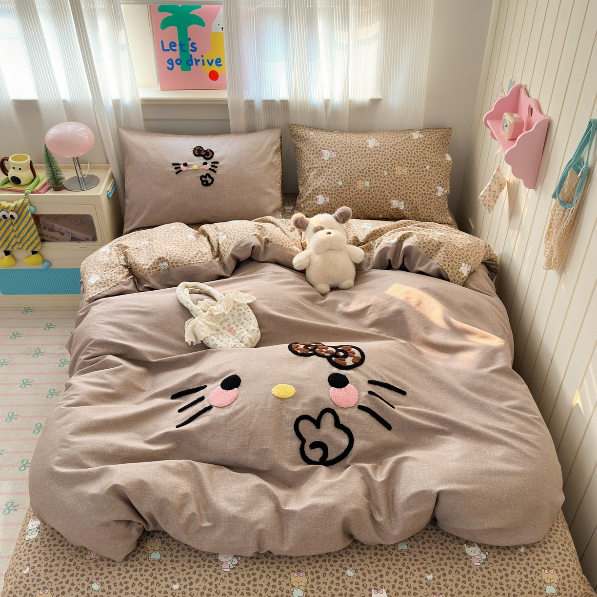 乐童家纺 2026新款13370纯棉毛巾绣呆萌系列四件套第一波 豹纹KT 咖